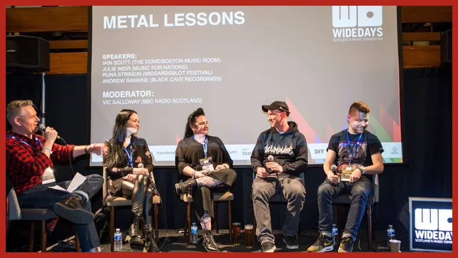 Andrew Rankine on a panel at music conference Wide Days in Edinburgh talking about the music industry, touring, record labels, getting signed, and general music industry insight. He works from his recording studio in Edinburgh | Black Cave Recordings | Producer, songwriter, musician, mixing and mastering engineer in Scotland